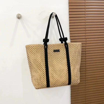 Premium large capacity woven straw beach tote in beige colour with stylish knitted pattern