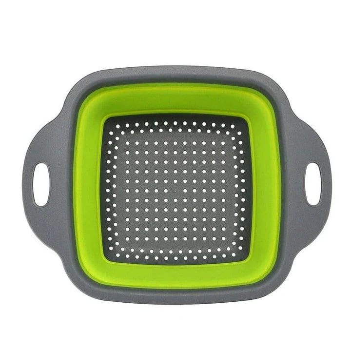 A vibrant, colourful folding colander made with durable food-grade materials for efficient straining and compact storage in the kitchen.