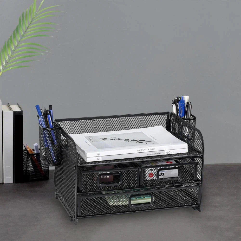 Premium carbon steel mesh desk organiser with 3 drawers and pen holders for efficient workspace organisation