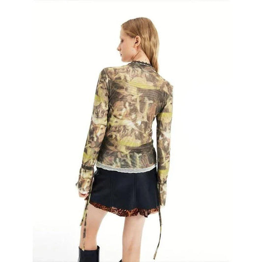 Retro Y2K Mesh Drawstring Flare Sleeve Crop Top - Unique British Fashion Statement with Steampunk Art Design