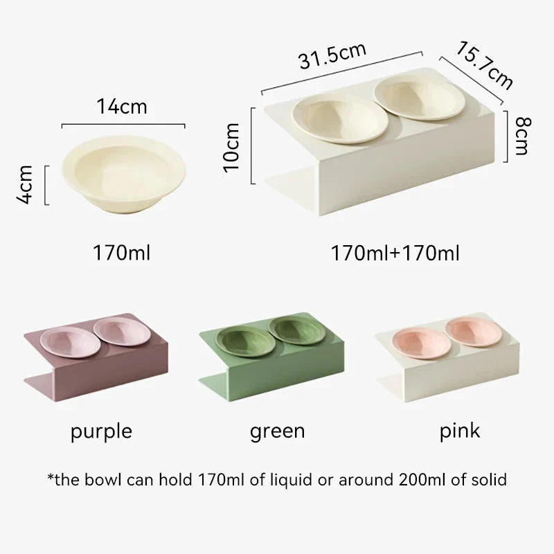 Stylish elevated ceramic pet bowls with an iron stand, designed for both cats and small dogs.