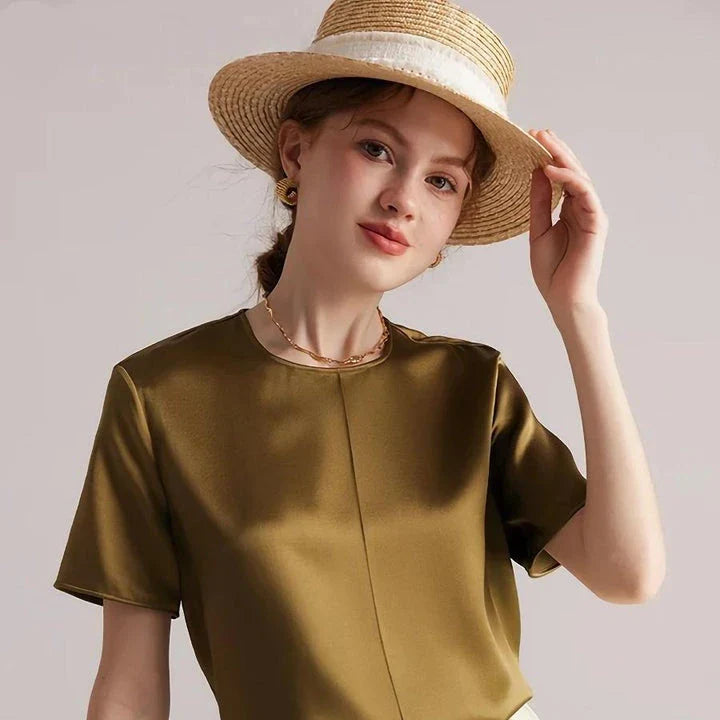 Elegant women's summer tee made of premium mulberry silk with classic O-neck design and short sleeves