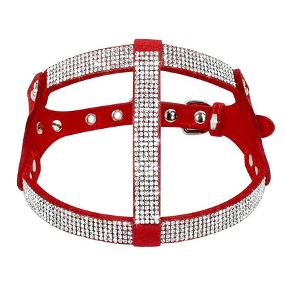 Luxurious leather dog harness with shimmering rhinestone accents, designed for style and comfort