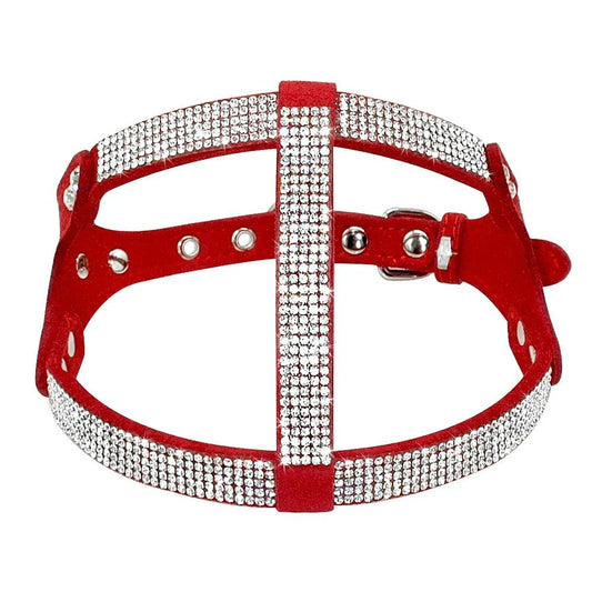 Luxurious leather dog harness with shimmering rhinestone accents, designed for style and comfort
