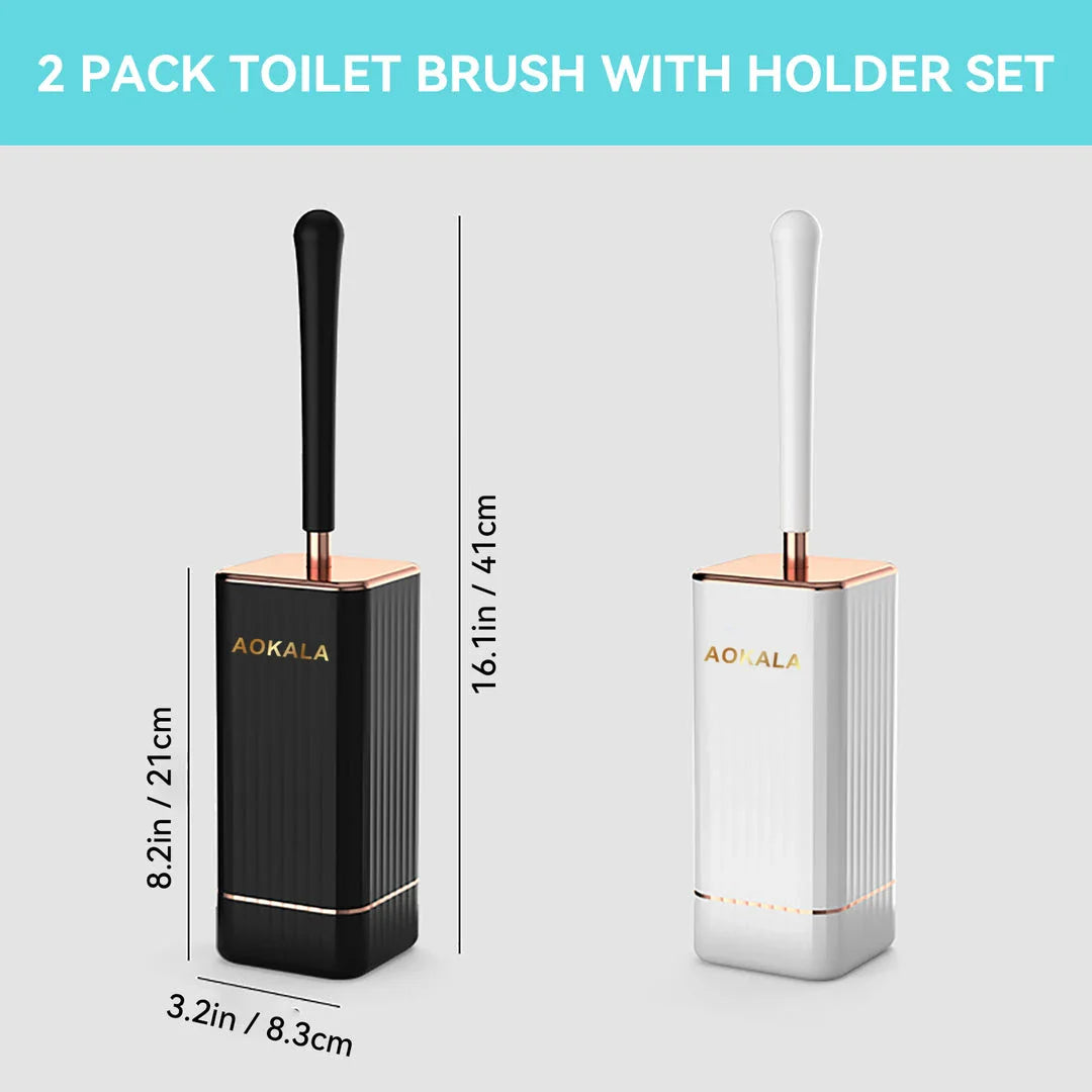 Premium silicone toilet brush and holder set in black and white with rose gold accents, designed for effortless bathroom cleaning and elegant decor
