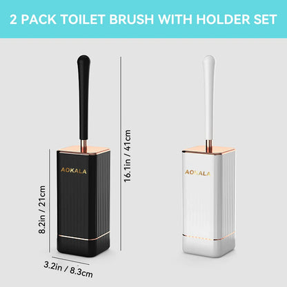 Premium silicone toilet brush and holder set in black and white with rose gold accents, designed for effortless bathroom cleaning and elegant decor