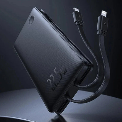 Powerful 22.5W fast charging power bank with 10,000mAh capacity and built-in USB-C and Lightning cables