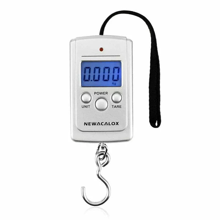 Premium portable digital luggage scale with weighing hook for travel, made with durable ABS plastic and featuring an easy-to-read LCD display
