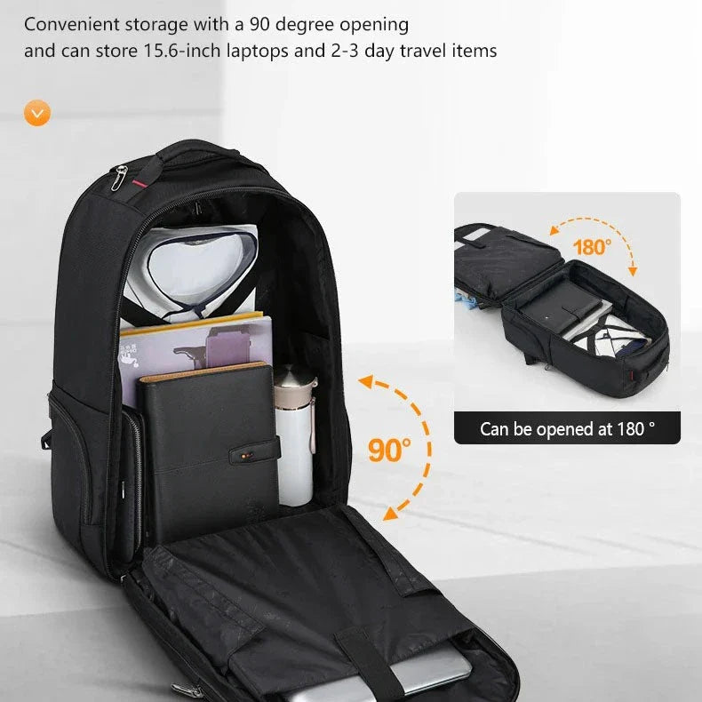 A black, multifunctional wheeled backpack with a padded laptop compartment and smooth-rolling wheels for effortless travel