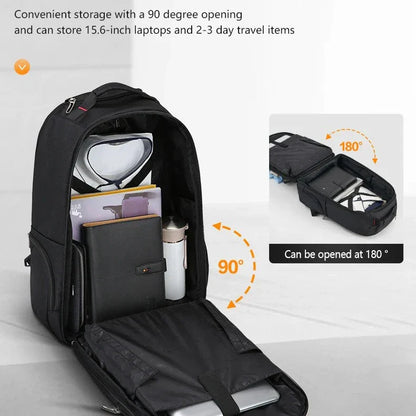 A black, multifunctional wheeled backpack with a padded laptop compartment and smooth-rolling wheels for effortless travel