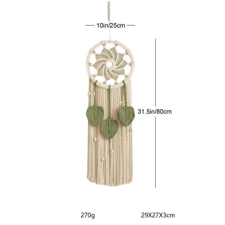 Nordic-style hand-woven wall tapestry with delicate leaf pattern, unique circular design, and premium materials