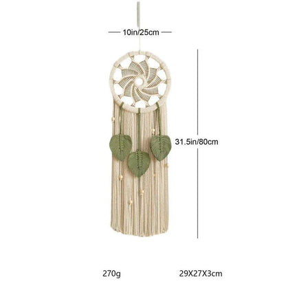 Nordic-style hand-woven wall tapestry with delicate leaf pattern, unique circular design, and premium materials