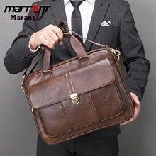 Men's genuine leather briefcase in dark coffee colour, featuring a spacious interior and adjustable shoulder strap for versatile carrying