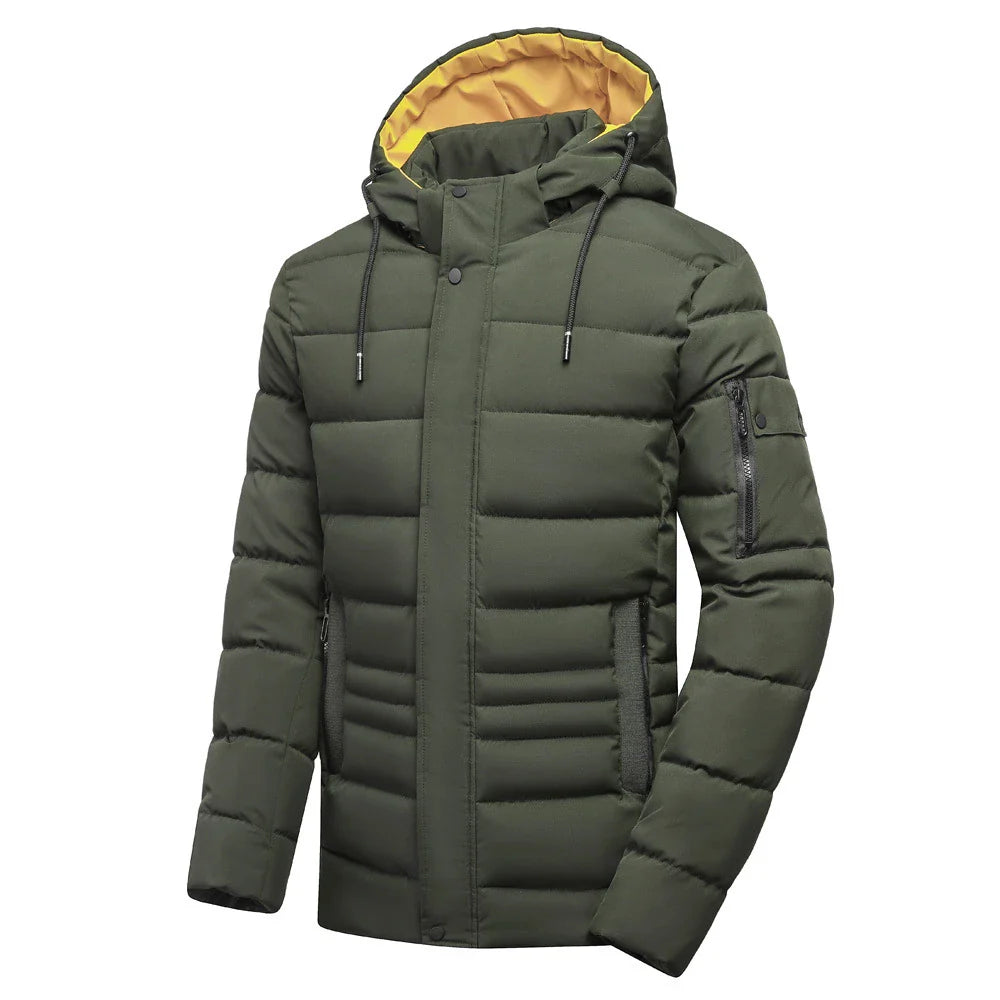 Warm and versatile fleece-lined cotton jacket for men in various classic colours, featuring a detachable hood for added protection against the elements.