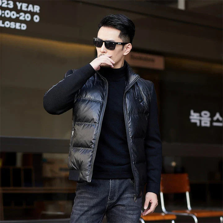 Warm and weatherproof men's down jacket with stand collar and knitted sleeves, made from premium polyester fibre and filled with luxurious duck down