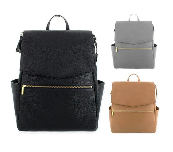 Premium PU leather mummy bag in light grey with stylish striped pattern, designed for the modern UK parent