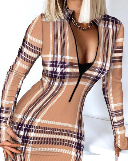 Stylish women's long-sleeved dress with V-neck and zipper pockets, available in various colours and sizes