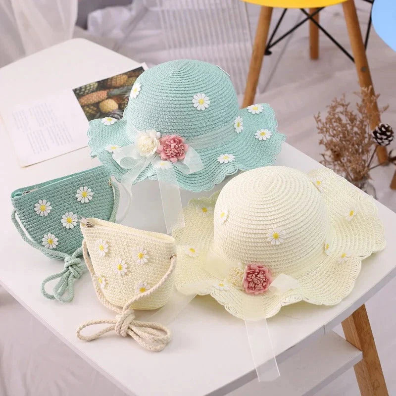 Colourful kids' daisy sun hat and handbag set made of high-quality straw for sun protection and style