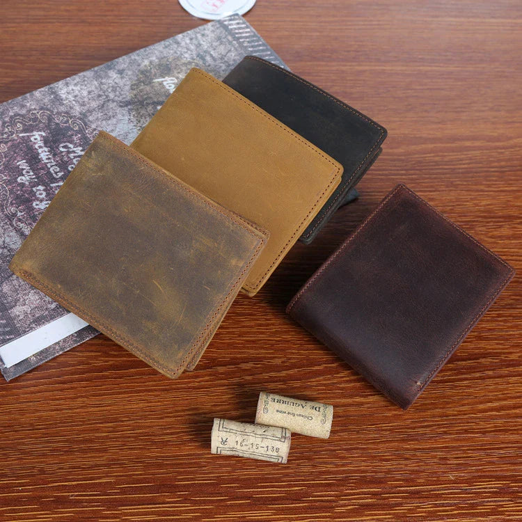 Premium short leather wallet in brown, tan, and black colours for British gentlemen