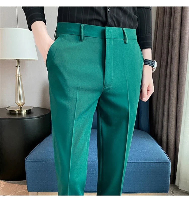 Premium men's suit trousers in a variety of colours, featuring a subtle textured drape and exceptional stretch for all-day comfort and style.
