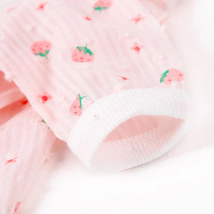 Stylish pink cat clothing with strawberry print design and sunscreen protection for pets