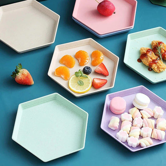 Hexagon-shaped wheat straw plate in a neutral beige colour, showcasing a modern and eco-friendly design
