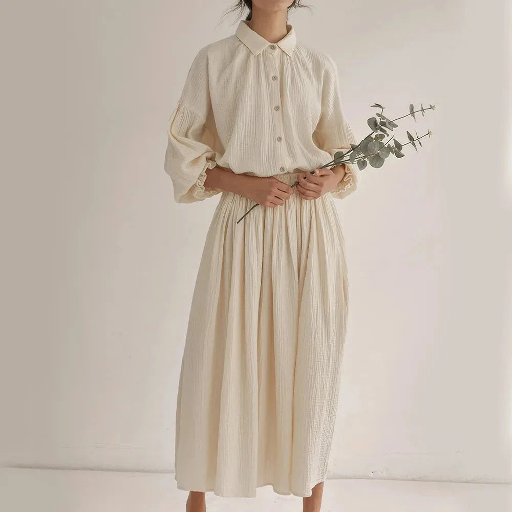 Elegant lantern sleeve shirt and chic skirt two piece set in 100% cotton gauze fabric