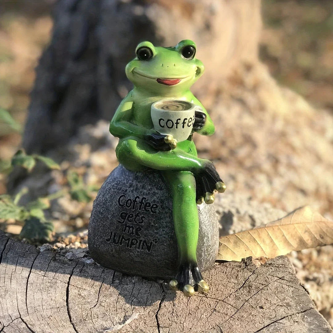 A charming resin frog statue with a playful design, perfect for adding a touch of whimsy to your garden or patio decor.
