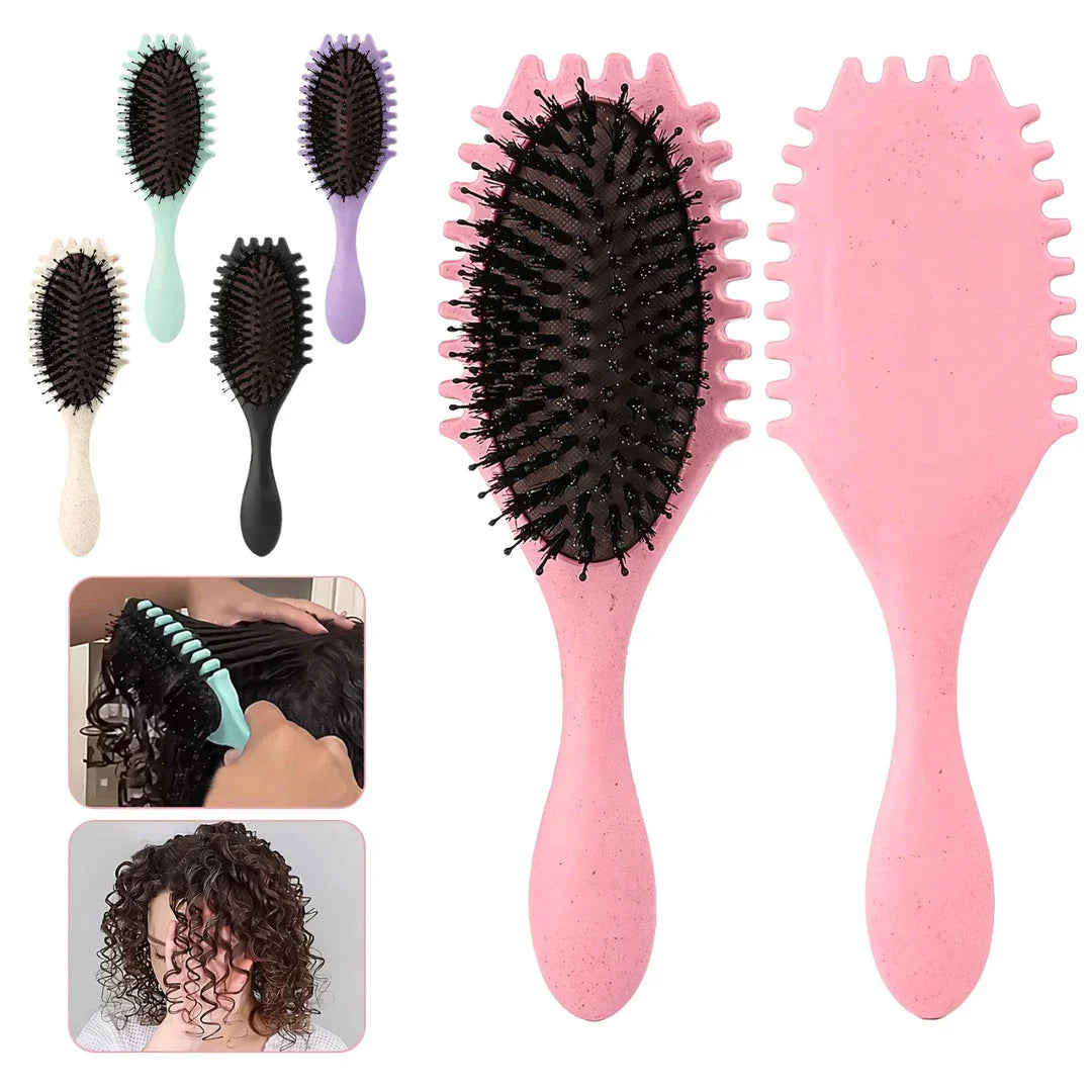 Boar Bristle Curl Defining Detangling Hair Brush in pink colour