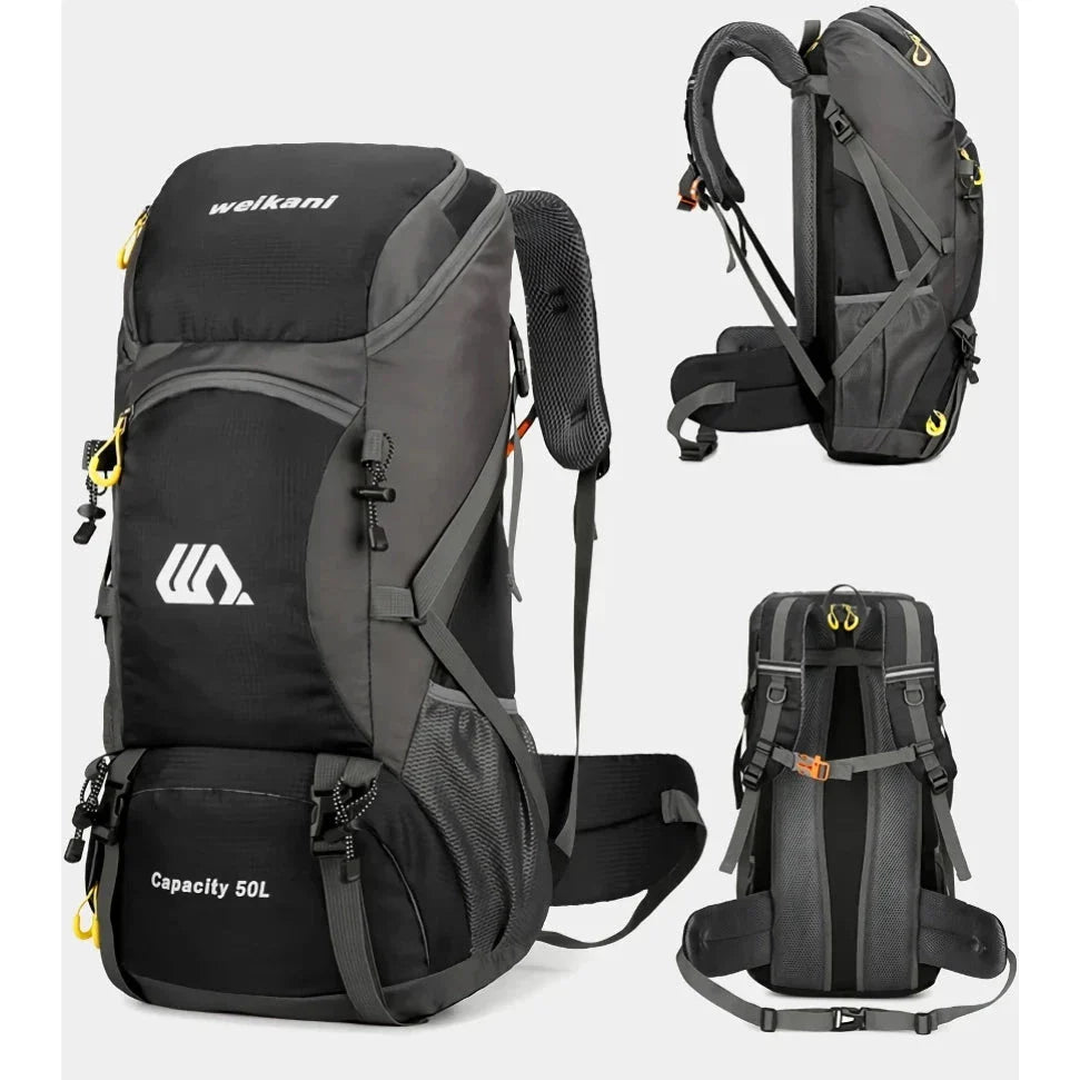 Premium 50L waterproof backpack with hydration system, shoe compartment, and reflective safety features for outdoor adventures