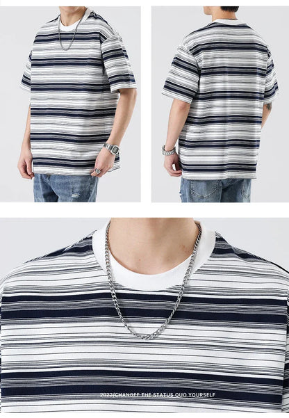 Retro contrast color striped teen t-shirt in navy blue, perfect for casual summer looks