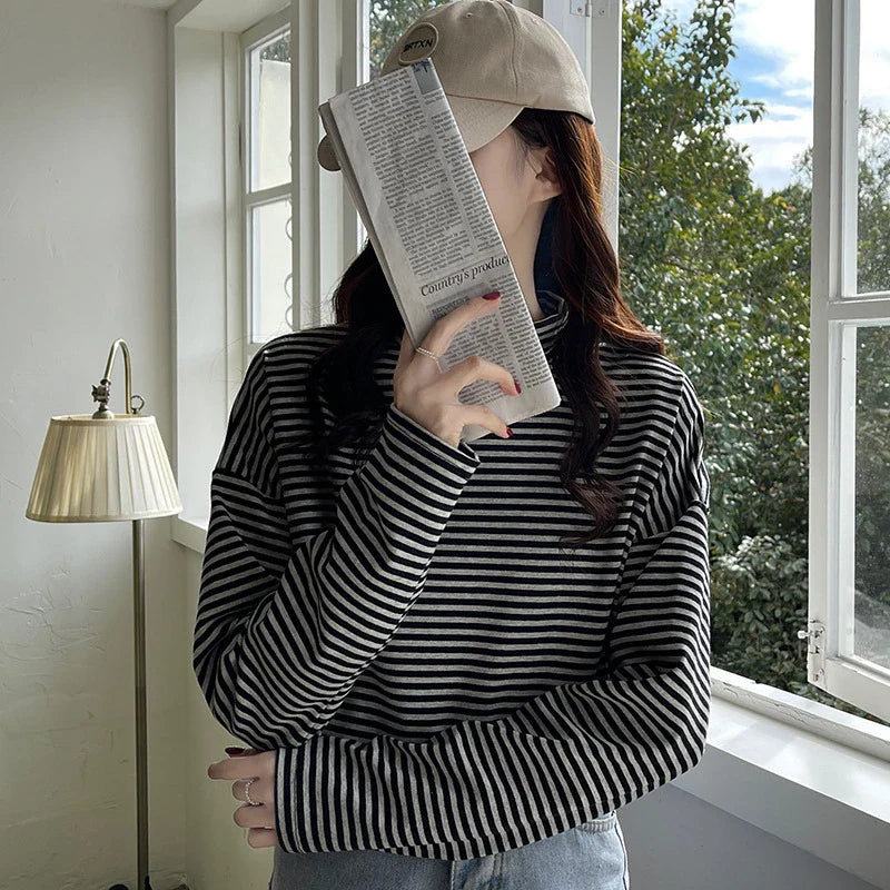 Premium half-high neck striped long-sleeve t-shirt in grey and black, made with high-quality British cotton for ultimate comfort and style.