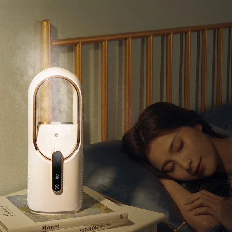 Compact, portable electric fan in off-white colour for student dormitories and small living spaces