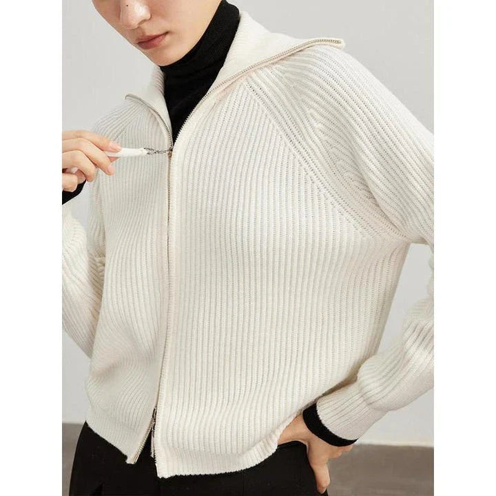 Luxurious 100% wool cardigans in khaki and white, featuring a stylish A-straight pattern and chic turn-down collar for refined autumn and winter style.