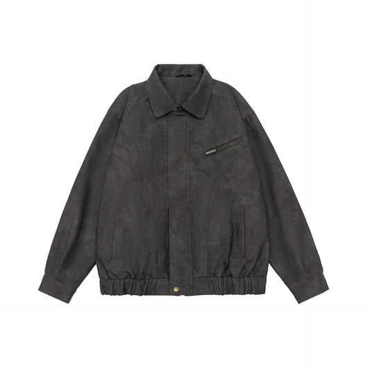 Premium vintage-inspired PU leather jacket in brown and grey colours, featuring a relaxed, tailored fit for the discerning British gentleman.
