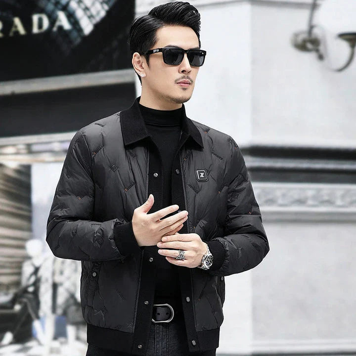 Warm and weatherproof men's down jacket with stand collar and knitted sleeves, made from premium polyester fibre and filled with luxurious duck down