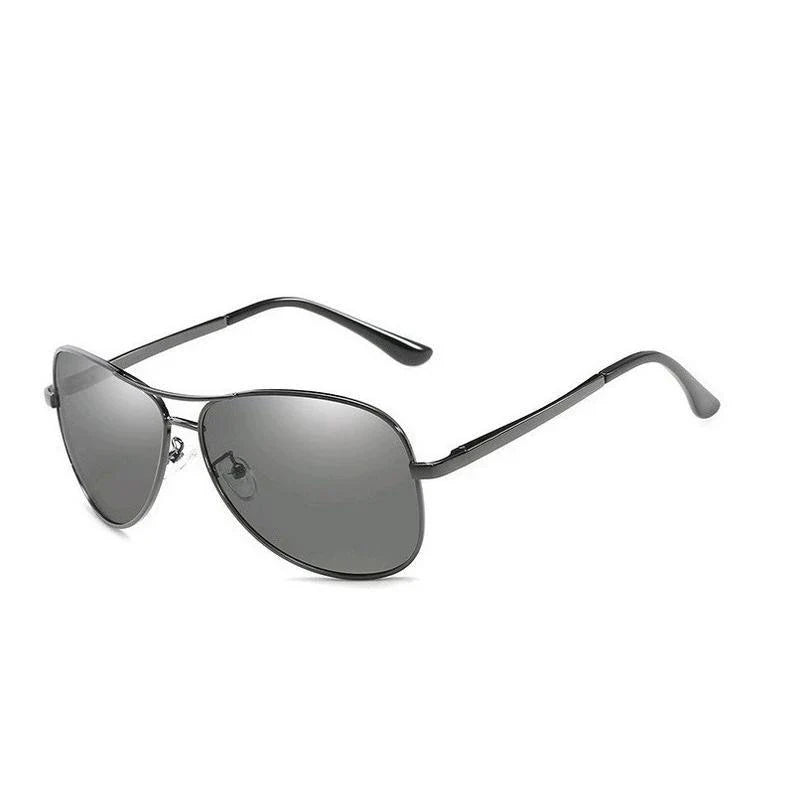 Photochromic Pilot Sunglasses with silver lenses that adjust tint based on light conditions