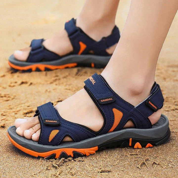 Men's black artificial PU leather and rubber sole beach sandals with open-toe design for outdoor leisure