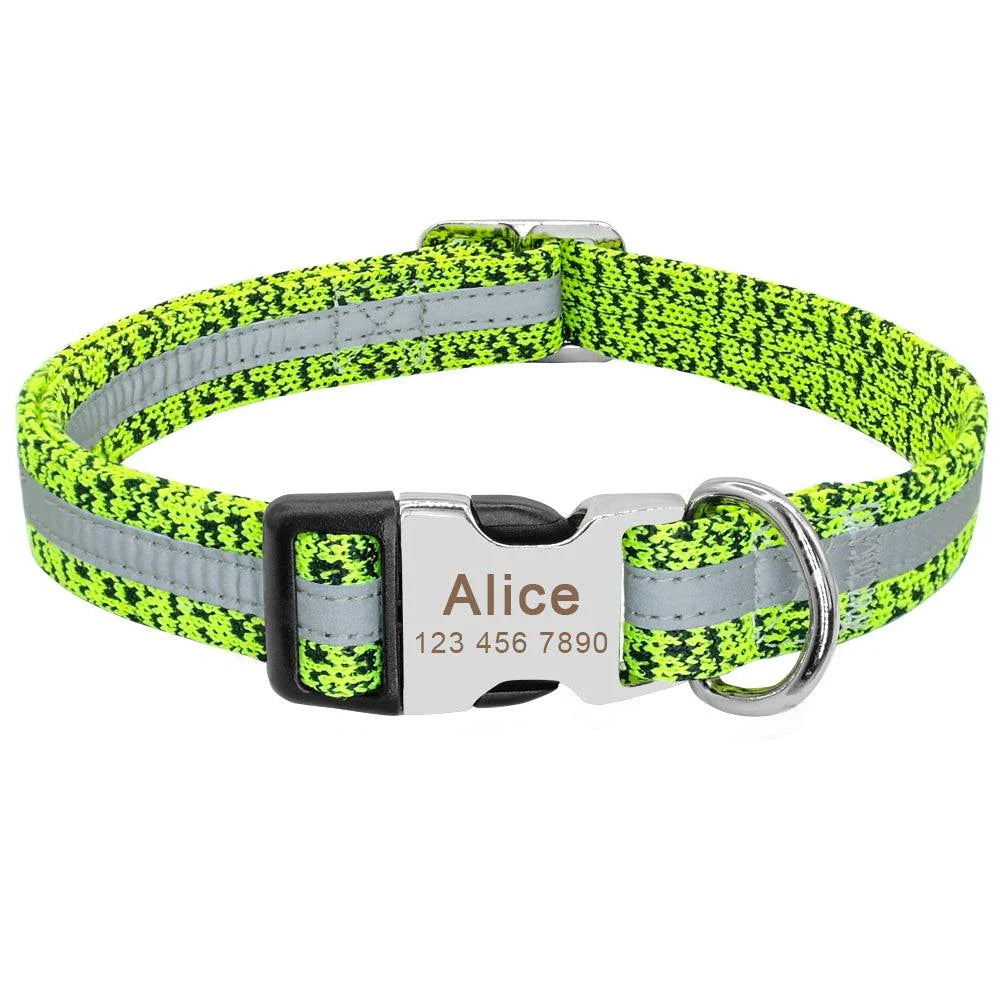 A stylish and reflective dog collar made from high-quality nylon material for enhanced visibility and safety.