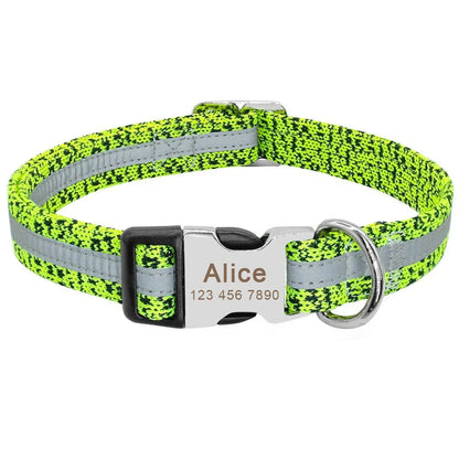 A stylish and reflective dog collar made from high-quality nylon material for enhanced visibility and safety.