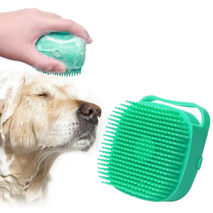 A yellow dog bath brush with a built-in shampoo dispenser and soft silicone bristles for a relaxing, spa-like bathing experience.