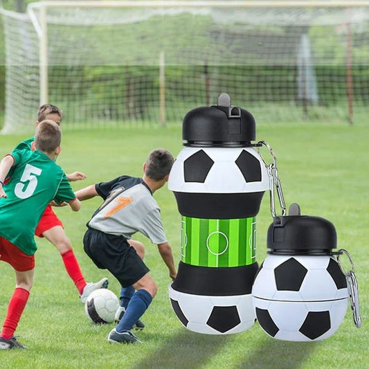 A premium foldable water bottle made of silica gel, suitable for various sports like football, basketball, and tennis