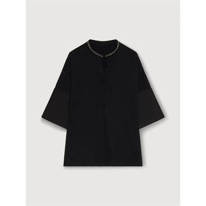 Stylish bead-embellished split-hem t-shirt in white, designed for the modern British woman with a touch of elegance and comfort.