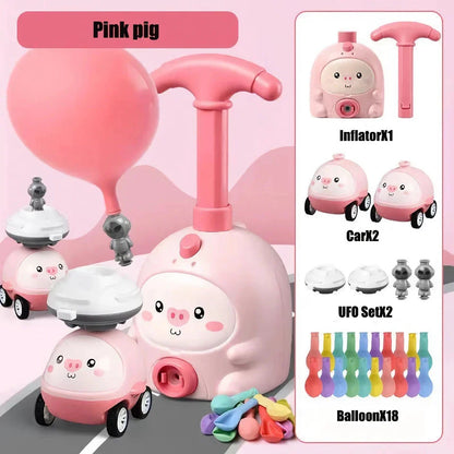 Balloon-powered launcher and car set for children, featuring a pink pig design and components for educational science play