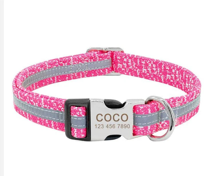 A stylish and reflective dog collar made from high-quality nylon material for enhanced visibility and safety.