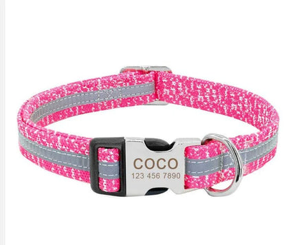 A stylish and reflective dog collar made from high-quality nylon material for enhanced visibility and safety.