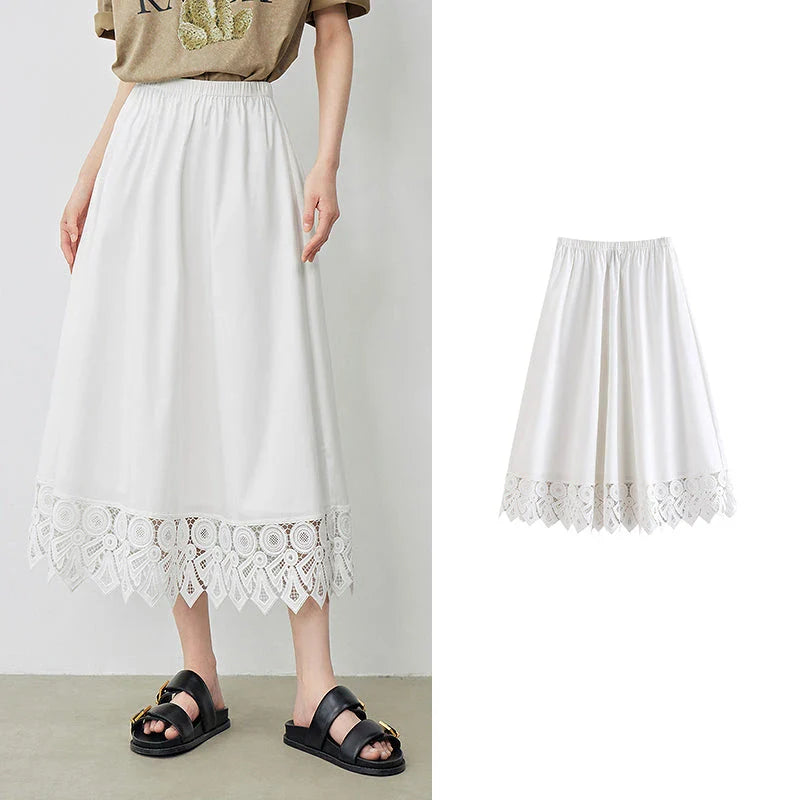 Elegant lace-spliced A-line midi skirt in beige, suitable for various occasions