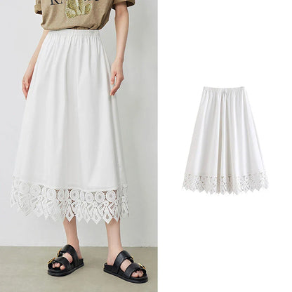 Elegant lace-spliced A-line midi skirt in beige, suitable for various occasions