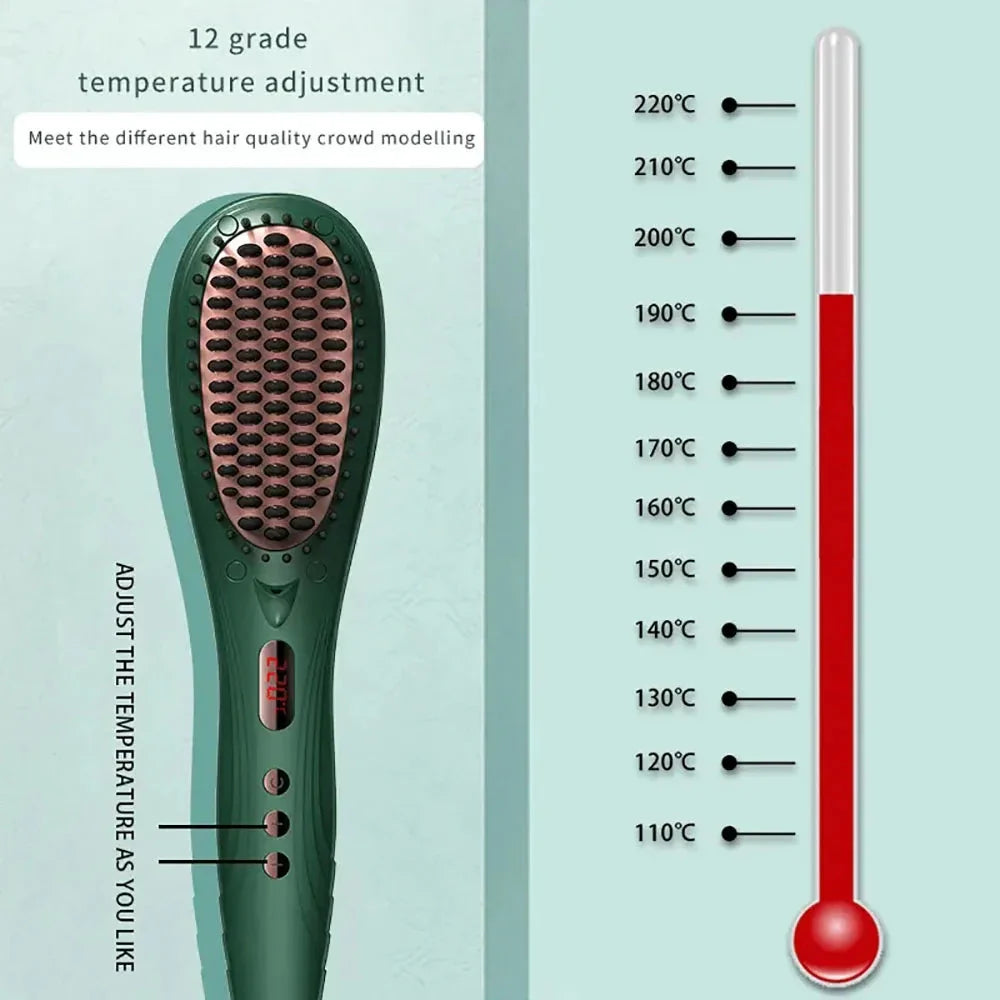 Premium Hair Straightening and Curling Brush with adjustable temperature, anti-scald technology, and anion function for frizz control