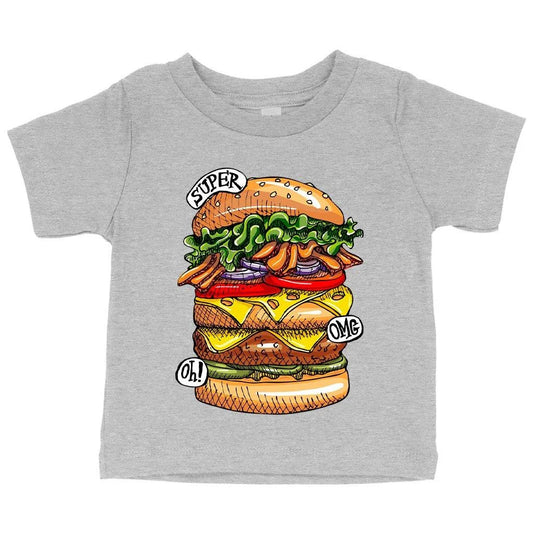 Trendy Baby Burger T-Shirt in white, featuring a cute burger graphic design for comfortable and stylish baby clothing